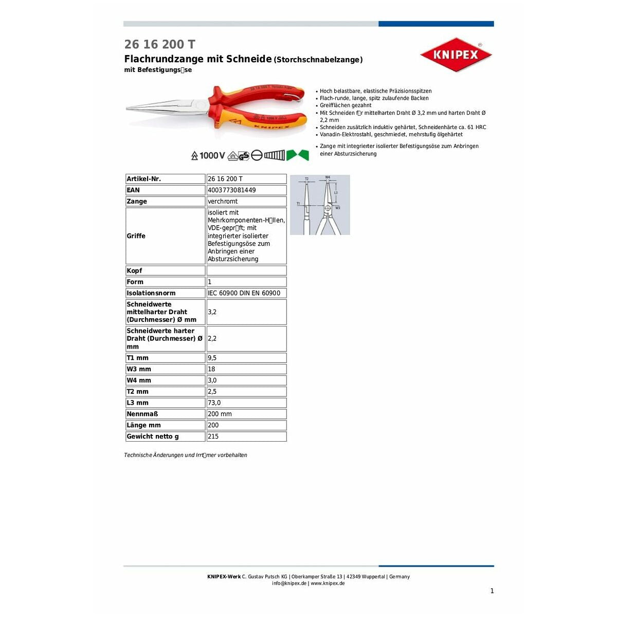 KÌM MŨI NHỌN CÁCH ĐIỆN 1000V DÀI 200MM KNIPEX 26 16 200 T - Ảnh 4
