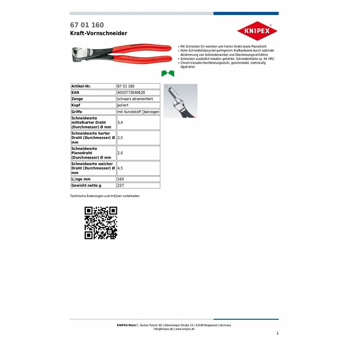 KÌM CẮT DÀI 160MM CÁN BỌC NHỰA BÓNG KNIPEX 67 01 160 - Ảnh 8