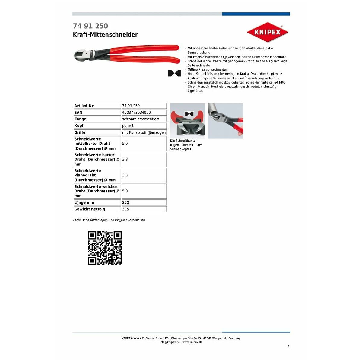 KÌM CẮT LƯỠI Ở GIỮA DÀI 250MM KNIPEX 74 91 250 - Ảnh 9