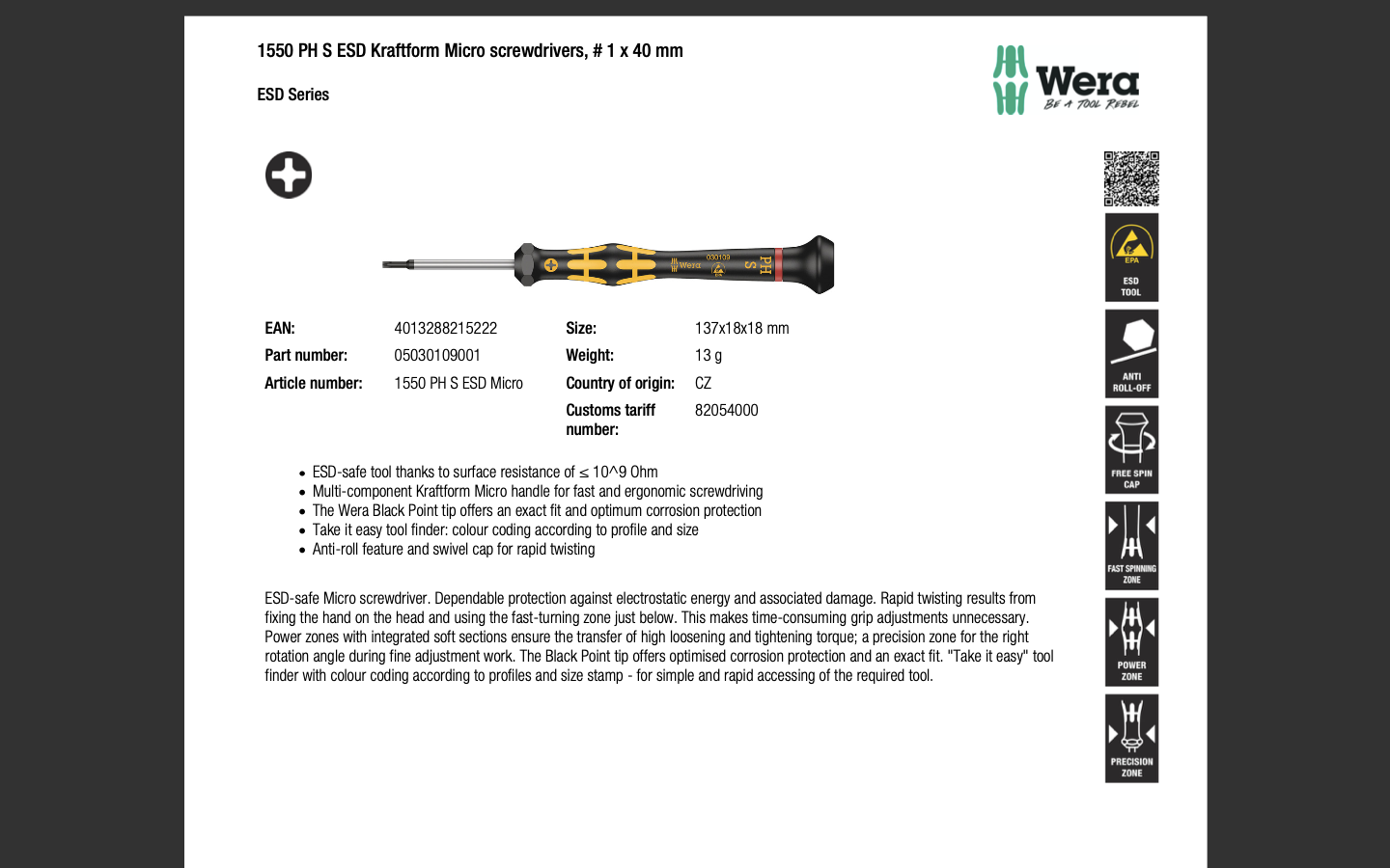 TUA VÍT ĐIỆN TỬ PH S 1550 PH S Kraftform Micro ESD Screwdriver, # 1 x 40 mm 05030109001 L60020 4714 - Ảnh 3